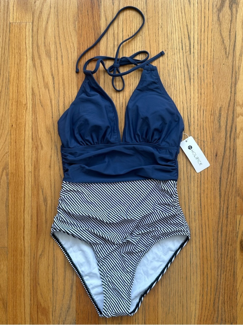 Holipick Navy Halter One-Piece with Striped Waist - Picture 3 of 8